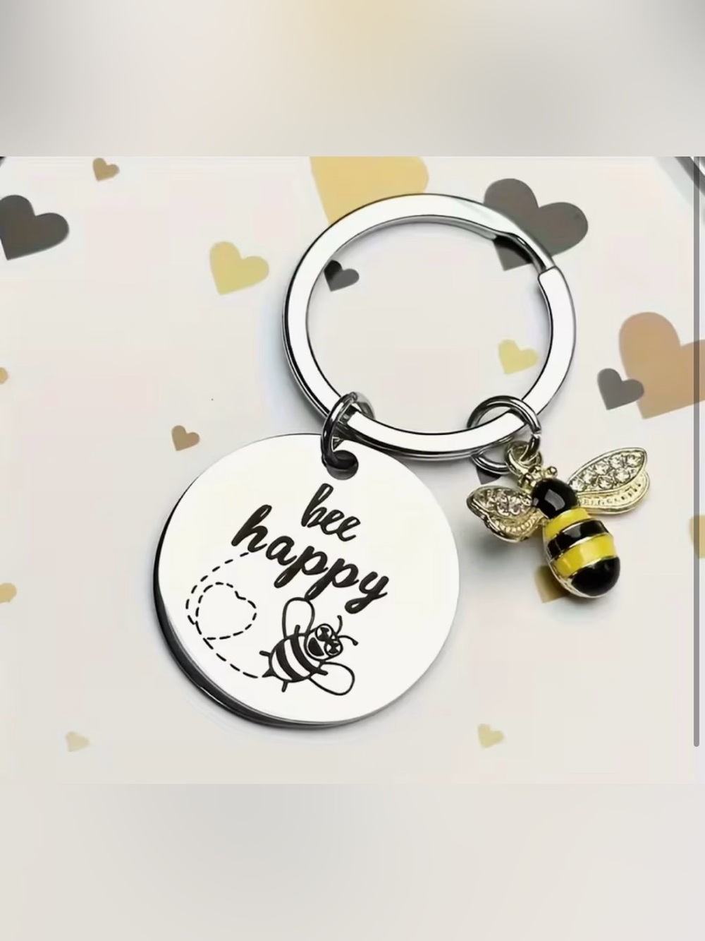 Bee Happy Engraved Round Keychain with Bee Charm - Silver & Yellow